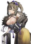  1girl absurdres animal_ear_fluff animal_ears arknights bag bare_shoulders black_gloves black_jacket breasts breasts_out brown_hair buckle closed_mouth clothes_pull cowboy_shot freckles fur_trim gloves hand_on_hip highres jacket large_breasts leaning_forward long_sleeves looking_at_viewer multicolored_hair nipples official_alternate_costume open_clothes open_jacket ponytail raccoon_ears raccoon_girl raccoon_tail robin_(arknights) robin_(gift_of_wild)_(arknights) senba_(592683801) shirt shirt_pull sidelocks simple_background skirt solo streaked_hair tail two-tone_hair white_background white_shirt yellow_eyes yellow_skirt 