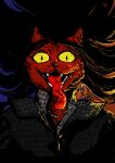  absurd_res anthro armor clothing demon domestic_cat fangs felid feline felis flowing_hair fur glowing glowing_eyes hair hi_res humanoid illustration jewelry long_tongue mammal necklace open_mouth red_body red_fur shirt smile solo tongue topwear umbraunderscore vampire vore yellow_eyes 