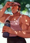  1boy adjusting_clothes adjusting_headwear arm_hair bara black_hair black_pants blush bottle chest_hair day facial_hair foazycozy golden_kamuy highres holding holding_bottle large_pectorals long_sideburns male_focus manly muscular muscular_male outdoors pants pectorals scar scar_on_cheek scar_on_face short_hair sideburns solo sweat sweatdrop tanigaki_genjirou tank_top visor_cap white_tank_top 