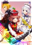  3girls black_headwear black_skirt black_vest blonde_hair border brown_eyes brown_hair closed_mouth collared_shirt commentary_request floating floating_object happy highres instrument keyboard_(instrument) long_sleeves looking_at_viewer lunasa_prismriver lyrica_prismriver merlin_prismriver multiple_girls music open_mouth pink_background pink_headwear pink_skirt pink_vest playing_instrument pointy_hat purple_eyes red_headwear red_skirt red_vest shirt short_hair siblings sisters skirt smile touhou trumpet vest violin wankosoradayo white_border white_hair white_shirt yellow_eyes 