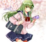 1girl alternate_costume bag bangs blue_skirt blurry blurry_background blush bow bowtie breasts buttons cherry_blossoms closed_mouth collared_shirt commentary_request eyebrows_visible_through_hair eyelashes fingernails flower frog_hair_ornament gohei green_eyes green_hair hair_between_eyes hair_ornament hair_tubes hands_up kochiya_sanae long_sleeves looking_at_viewer medium_breasts nail_polish okawa_friend petals phone pink_flower pink_nails pink_shirt puffy_long_sleeves puffy_sleeves purple_bag red_bow red_bowtie sailor_collar school_uniform shirt skirt smile snake_hair_ornament solo sparkle speech_bubble star_(symbol) touhou tree white_background white_flower white_shirt 