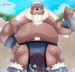  absurd_res accessory anthro belly bottomwear brown_body brown_fur clothing fish fur hairy headband hi_res kimun_kamui_(tas) lifewonders loincloth looking_at_viewer male mammal marine musclegut navel nipples nisikemo pecs solo tokyo_afterschool_summoners ursid video_games 