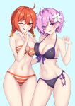  2girls absurdres ahoge bangs bare_shoulders bikini blush breasts cleavage collarbone fate/grand_order fate_(series) fujimaru_ritsuka_(female) hair_over_one_eye highres large_breasts light_purple_hair looking_at_viewer mash_kyrielight mergerri multiple_girls navel orange_bikini orange_eyes orange_hair purple_bikini purple_eyes short_hair smile swimsuit thighs 