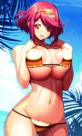  1girl bangs bikini breasts highres large_areolae large_breasts navel open_mouth pyra_(xenoblade) rakko_(r2) red_eyes red_hair short_hair solo swept_bangs swimsuit tiara xenoblade_chronicles_(series) xenoblade_chronicles_2 yellow_bikini yellow_swimsuit 