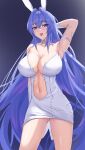  1girl :3 :d absurdres animal_ears arm_behind_head arm_up armpits azur_lane bangs bare_shoulders blue_eyes blue_hair blush breasts chinese_commentary cleavage collar collarbone commentary cowboy_shot dress elbow_gloves eyebrows_visible_through_hair fake_animal_ears freed_turing gloves hair_between_eyes hair_intakes highres large_breasts long_hair looking_at_viewer navel new_jersey_(azur_lane) new_jersey_(snow-white_ceremony)_(azur_lane) official_alternate_costume open_mouth rabbit_ears sidelocks smile solo standing stomach strapless strapless_dress very_long_hair white_gloves 