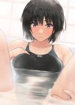  1girl amagami bath bathing black_hair black_swimsuit breasts brown_eyes clothes_writing competition_swimsuit highres looking_at_viewer nanasaki_ai one-piece_swimsuit short_hair sitting small_breasts solo swimsuit two-tone_swimsuit water yoo_tenchi 