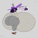  1:1 anthro big_breasts big_butt bottomless breasts butt clothed clothing dialogue dialogue_box english_text female footwear hand_on_hip hi_res huge_breasts huge_butt hyper hyper_breasts hyper_butt lagomorph leporid lips looking_at_viewer looking_back lottie_cummins_(thechavicgerman) mammal partially_clothed rabbit rear_view shoes solo sun_hat sweater text thechavicgerman_(artist) thick_lips topwear 