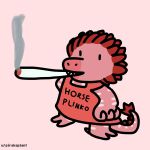  2022 3_fingers 3_toes ambiguous_gender artist_name caro_(pirakaplant) clothing dinosaur dress dromaeosaurid drugs english_text feather_hair feathered_dinosaur feathers feet female_(lore) fingers humor marijuana meme pink_body pink_scales pirakaplant pseudo_hair ralsei_smoking_blunt red_body red_feathers reptile scales scalie smoking_weed solo standing striped_body stripes tail_feathers talons text text_on_clothing theropod toes trans_(lore) trans_woman_(lore) velociraptor 