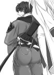  2boys adventurer_(ff14) ass ass_focus back bangs closed_mouth collar facial_hair final_fantasy final_fantasy_xiv greyscale highres holding holding_knife holding_weapon hyur japanese_clothes kimono knife metal_collar monochrome multiple_boys short_hair weapon yomotsuki_road 