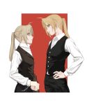  2boys absurdres ahoge automail black_pants black_vest blonde_hair cbow chain coat coat_removed collared_shirt comparison conqueror_of_shambala dual_persona edward_elric eye_contact from_side frown fullmetal_alchemist grey_hair hand_on_hip height_difference highres long_hair long_sleeves looking_at_another looking_down male_focus mechanical_arms multiple_boys own_hands_together pants ponytail popped_collar profile red_background shirt single_mechanical_arm smile smirk smug vest white_background white_shirt yellow_eyes 