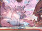  alternate_form architecture cherry_blossoms commentary earrings east_asian_architecture fox fox_tail ganyu_(genshin_impact) genshin_impact highres horns jewelry kitsune multiple_tails qilin_(mythology) shrine tail torii tree xinzoruo yae_miko yae_miko_(fox) 