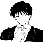  1boy 2022 adjusting_collar bangs closed_mouth cropped_torso dated fullmetal_alchemist gloves greyscale hair_between_eyes highres male_focus mini_(pixiv6327751) monochrome portrait roy_mustang shiny shiny_hair short_hair simple_background sketch smile solo white_background wing_collar 