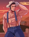  1boy abs alternate_universe arm_behind_head bara black_hair blue_pants blush chest_hair closed_eyes foazycozy golden_kamuy hat highres large_pectorals male_focus manly muscular muscular_male navel navel_hair nipples outdoors pants pectorals scar scar_on_cheek scar_on_face short_hair sideburns solo sunset suspenders tanigaki_genjirou topless_male 