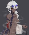  1girl absurdres ahoge au_ra blue-tinted_eyewear breasts dark-skinned_female dark_skin dragon_girl eyewear_on_head final_fantasy final_fantasy_xiv finger_to_mouth grey_background highres holding holding_towel horns long_hair looking_at_viewer messy_hair miiro navel nipples nude scales simple_background small_breasts solo standing steaming_body sunglasses sweat tinted_eyewear towel tsurime upper_body white_hair yellow_eyes 