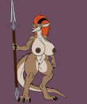  absurd_res anthro big_breasts breasts brown_body claws dragon female genitals green_eyes hi_res holding_object holding_weapon horn karnator melee_weapon multicolored_body orange_body polearm pussy simple_background solo spear thick_thighs two_tone_body weapon wide_hips 