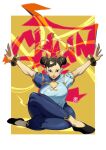  1girl artist_name bangs blue_pants blue_shirt bracelet brown_eyes brown_hair chinese_clothes chun-li crossed_legs dated double_bun english_commentary hair_bun highres jewelry open_hands pants shirt sitting smile snowcie solo street_fighter street_fighter_6 