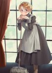  1boy alternate_costume america_(hetalia) apron axis_powers_hetalia boots crossdressing curtains day enmaided frilled_apron frills hatake_hukuro highres indoors juliet_sleeves long_sleeves looking_at_viewer looking_back maid maid_headdress male_focus mop puffy_sleeves white_apron window 