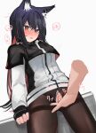  1girl absurdres animal_ears ao_oni_(onioni-aoi) arknights ass_visible_through_thighs bangs bar_censor black_capelet black_gloves black_hair blush brown_legwear capelet censored clothing_aside cowboy_shot disembodied_limb eyebrows_visible_through_hair fingering fingerless_gloves gloves highres jacket long_sleeves looking_down multicolored_hair nose_blush open_mouth panties panties_aside pantyhose pussy red_eyes red_hair simple_background solo_focus speech_bubble tail texas_(arknights) thighband_pantyhose torn_clothes torn_legwear two-tone_hair underwear white_background white_jacket white_panties wolf_ears wolf_girl wolf_tail 