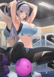  1girl armpits arms_up ball bare_arms bare_shoulders black_pants blue_sports_bra breasts cleavage crop_top grey_hair gym hair_ornament hair_scrunchie headband highres large_breasts long_hair looking_at_viewer mhk_(mechamania) midriff navel open_mouth original pants ponytail purple_eyes reflection scrunchie shoes skindentation sleeveless socks solo spaghetti_strap sports_bra squatting stomach sweat trembling white_footwear white_legwear yoga_pants 