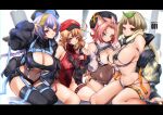  4girls adapted_costume ahoge alternate_costume animahakim animal_ears bangs bangs_pinned_back belt bikini black_bikini blunt_bangs breasts brown_eyes cabbie_hat cat_ears cat_girl cleavage clover_print commentary detached_sleeves diona_(genshin_impact) english_commentary eyebrows_visible_through_hair forehead genshin_impact green_eyes grey_hair hair_between_eyes hair_ribbon hat highleg highleg_leotard jiangshi klee_(genshin_impact) large_breasts leaf leaf_on_head leotard light_brown_hair long_hair long_sleeves looking_at_viewer low_ponytail low_twintails micro_bikini multiple_girls navel ofuda older orange_eyes pink_hair pointy_ears purple_eyes purple_hair qing_guanmao qiqi_(genshin_impact) ribbon sayu_(genshin_impact) short_hair short_shorts shorts sidelocks sitting stomach swimsuit thighlet twintails wariza wide_sleeves 