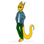  anthro asherduch blue_clothing blue_coat blue_topwear bottomwear brown_eyes clothing coat green_bottomwear green_clothing green_pants horn lizard low_res male pants reptile scales scalie simple_background snake_brando solo topwear white_background yellow_body yellow_horn yellow_scales yellow_skin 