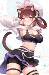  1girl :3 animal_ears armpits arms_up ayamy ayamy_(vtuber) bandaid belt bike_shorts black_shirt black_shorts black_skirt blue_eyes blush breasts brown_hair cat_ears cat_girl cat_hair_ornament cat_tail cleavage closed_mouth commentary cowboy_shot crop_top drawstring earrings eyebrows_visible_through_hair fang hair_ornament hair_ribbon hair_rings highres indie_virtual_youtuber jewelry large_breasts long_hair long_sleeves looking_at_viewer midriff miniskirt navel ribbon shirt short_shorts shorts shorts_under_skirt shrug_(clothing) skirt sleeveless sleeveless_shirt smile smug solo standing stomach symbol-only_commentary tail tail_raised thigh_strap thighs twintails virtual_youtuber x_hair_ornament 