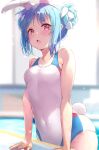  1girl animal_ear_fluff animal_ears bare_arms bare_shoulders blue_hair blurry blurry_background blush braid braided_bun breasts double_bun extra_ears hair_bun highres hololive looking_at_viewer multicolored_hair nira_(vira) one-piece_swimsuit open_mouth pool rabbit_ears rabbit_girl rabbit_tail red_eyes revision sidelocks small_breasts solo streaked_hair swimsuit tail thick_eyebrows usada_pekora virtual_youtuber wet wet_clothes wet_swimsuit white_hair white_swimsuit 