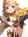  1girl ass_visible_through_thighs bad_id bad_pixiv_id black_gloves black_legwear blonde_hair blush book breasts bridal_gauntlets cape center_opening circlet cleavage commentary_request elbow_gloves fire_emblem fire_emblem_fates gloves grey_eyes hand_on_hip holding holding_book holding_weapon leaning_forward long_hair looking_at_viewer medium_breasts navel non-web_source ophelia_(fire_emblem) riku_(wana) smile solo thighhighs weapon 