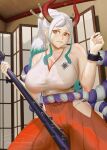  1girl bare_shoulders breasts closed_mouth club_(weapon) drop_earrings earrings gradient_hair grey_hair hakama hands_up horns huge_breasts indoors japanese_clothes jewelry long_hair looking_to_the_side multicolored_hair one_piece ponytail rope shimenawa solo teemu_taiga teeth upper_teeth weapon white_hair yamato_(one_piece) yellow_eyes 