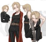  1girl :p anger_vein angry arm_up automail bangs bare_arms bare_shoulders black_jacket black_pants blonde_hair blush boots braid braided_ponytail breasts cbow coat cropped_jacket cropped_torso edward_elric fullmetal_alchemist genderswap genderswap_(mtf) gloves grey_background hair_between_eyes hair_down highres jacket long_hair long_sleeves looking_at_viewer mechanical_arms multiple_views one_eye_closed one_knee open_clothes open_coat pants parted_bangs profile red_coat sideboob single_braid single_mechanical_arm sleeveless standing sweat tank_top tongue tongue_out torn_clothes white_gloves yellow_eyes 