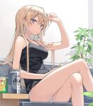  1girl arm_up bare_arms bare_legs beer_can blonde_hair blue_eyes blush can crossed_legs hand_on_own_head hand_on_own_leg highres long_hair looking_at_viewer original panties poco_(asahi_age) sitting solo spaghetti_strap tank_top underwear white_panties 