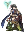  1girl armor black_hair bug capcom clawed_gauntlets flower flying gauntlets headband highres kamura_(armor) monster_hunter_(series) monster_hunter_rise official_art short_hair shoulder_armor simple_background solo white_background 