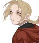 1boy absurdres bangs black_jacket blonde_hair braid braided_ponytail cbow coat edward_elric eyelashes floating_hair from_side fullmetal_alchemist hair_between_eyes highres hood hood_down hooded_coat jacket long_hair looking_at_viewer looking_to_the_side male_focus parted_bangs parted_lips portrait red_coat simple_background single_braid solo white_background yellow_eyes 