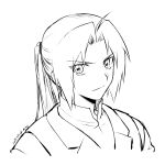  1boy 2022 ahoge closed_mouth cropped_torso dated edward_elric fullmetal_alchemist greyscale hair_intakes highres light_smile long_hair male_focus mini_(pixiv6327751) monochrome ponytail portrait simple_background sketch solo white_background 