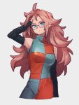  1girl android_21 blue_eyes breasts checkered_clothes checkered_dress closed_mouth dragon_ball dragon_ball_fighterz dress earrings glasses grey_background hoop_earrings jewelry kemachiku long_hair looking_at_viewer medium_breasts red_hair simple_background solo 