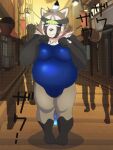  accessory anthro blush canid canine clothing cuguifrou embarrassed group headband hi_res lifewonders live-a-hero male mammal overweight public public_humiliation raccoon_dog school_swimsuit shoen swimwear tanuki video_games 
