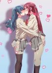  2girls absurdres ass ass_grab bangs black_legwear blue_background blue_hair blue_panties blush bow bulge bulge_press bulges_touching closed_eyes clothes_lift ecoman erection erection_under_clothes eyebrows_visible_through_hair feet_out_of_frame french_kiss from_side futa_with_futa futanari gradient gradient_background grey_skirt heart highres kiss kneehighs long_hair long_sleeves love_live! love_live!_sunshine!! miniskirt multiple_girls open_mouth panties pink_panties pleated_skirt precum profile red_bow red_hair sakurauchi_riko school_uniform shirt skirt skirt_lift standing thighhighs tongue tongue_out tsushima_yoshiko underwear uranohoshi_school_uniform very_long_hair white_background yellow_bow yellow_shirt 