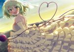  1girl :d absurdres bangs blue_sky breasts bridal_veil cloud dress eyebrows_visible_through_hair frilled_dress frills from_behind gradient_sky green_eyes green_hair heart heart_of_string highres horizon komeiji_koishi large_breasts looking_at_viewer off-shoulder_dress off_shoulder open_mouth outdoors polyhedron2 short_hair signature sky smile solo third_eye touhou veil wedding_dress white_dress yellow_sky 