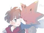  anthro bandai_namco betelgammamon blush digimon digimon_ghost_game duo hi_res hiro_amanokawa horn human kissing kissing_cheek male male/male mammal mkz_kabeuchi red_body scalie scarf 