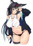  1girl :3 :q abs absurdres animal_ears arknights arm_up armpits ass_visible_through_thighs bangs bare_shoulders bikini bikini_bottom_only black_bikini black_hair black_jacket blaze_(arknights) blue_eyes blue_nails blush breasts cat_ears cat_girl cat_tail claw_pose cleavage closed_mouth clothes_writing collarbone cowboy_shot crop_top hairband highres holding_tail infection_monitor_(arknights) jacket large_breasts long_hair long_sleeves looking_at_viewer nail_polish navel open_clothes open_jacket red_hairband rika_(akarika057) single_hair_intake smile solo stomach swimsuit tail thigh_gap thighlet tongue tongue_out very_long_hair 