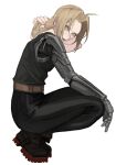  1boy :d adjusting_hair automail bangs belt black_footwear black_pants black_shirt blonde_hair boots braid braided_ponytail cbow edward_elric from_side fullmetal_alchemist hair_between_eyes hand_up highres holding holding_hair long_hair looking_at_viewer looking_to_the_side male_focus mechanical_arms open_mouth pants parted_bangs profile shirt simple_background single_braid single_mechanical_arm sleeveless sleeveless_shirt smile solo squatting white_background yellow_eyes 