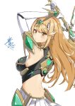  1girl absurdres aegis_sword_(xenoblade) aotsuba bangs bare_shoulders blonde_hair breasts dress earrings elbow_gloves gloves highres jewelry large_breasts long_hair mythra_(xenoblade) simple_background solo swept_bangs tiara very_long_hair white_background white_dress white_gloves xenoblade_chronicles_(series) xenoblade_chronicles_2 yellow_eyes 