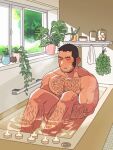  1boy arm_hair bara bath bathing black_hair blush chest_hair closed_mouth completely_nude foazycozy golden_kamuy highres indoors large_pectorals leg_hair male_focus manly muscular muscular_male nipples nude open_window pectorals scar scar_on_cheek scar_on_face short_hair sideburns solo tanigaki_genjirou window 