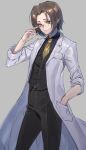  1boy bangs belt brown_hair buttons closed_mouth glasses green_eyes highres higurashi_no_naku_koro_ni irie_kyousuke labcoat looking_at_viewer necktie pants parted_bangs shirt short_hair smile solo tanakalma vest 