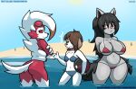  anthro ball beach beach_ball beagle belly big_breasts bikini black_hair blue_bikini blue_clothing blue_swimwear breasts brown_hair butt canid canine canis clothing domestic_dog eyes_closed female fur grey_body grey_fur group hair hair_over_eye hi_res humanoid hunting_dog inflatable looking_at_another lycanroc lynn_(theidiotmuffin) mammal midnight_lycanroc mightyena morgan_(theidiotmuffin) navel nintendo nude one_eye_obstructed pok&eacute;mon pok&eacute;mon_(species) red_bikini red_body red_eyes red_fur sam_(theidiotmuffin) scent_hound seaside signature standing_in_water sun swimwear talking_to_another text theidiotmuffin thick_thighs trio url video_games water were werecanid werecanine werewolf white_body white_fur white_hair 