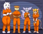  blonde_hair blue_eyes bovid brown_body brown_eyes brown_fur caprine chain chip_&#039;n_dale_rescue_rangers disney fur gadget_hackwrench goat grey_body grey_fur hair handcuffed hi_res jseph lombax looking_at_viewer mammal mouse murid murine nickelodeon piercing prison prison_uniform prisoner purple_eyes ratchet_and_clank rivet_(ratchet_and_clank) robotic_hand rodent sandy_cheeks sciurid smile smiling_at_viewer sony_corporation sony_interactive_entertainment spongebob_squarepants standing toriel tree_squirrel undertale_(series) video_games white_body white_fur 