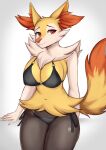  2022 5_fingers anthro bikini black_bikini black_body black_clothing black_eyebrows black_fur black_swimwear braixen breasts cheek_tuft clothing digital_media_(artwork) eyebrows facial_tuft female fingers fur hi_res humanoid_hands inner_ear_fluff kironzen multicolored_body multicolored_fur navel nintendo nipple_outline pok&eacute;mon pok&eacute;mon_(species) red_body red_eyes red_fur red_nose shoulder_tuft simple_background sitting smile solo swimwear tuft video_games white_background white_body white_fur yellow_body yellow_fur 