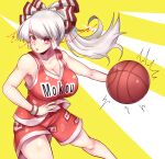  1girl absurdres alternate_costume ball bangs basketball basketball_uniform bow breasts character_name cleavage clothes_writing commission fujiwara_no_mokou hair_bow highres large_breasts long_hair looking_at_viewer norori ofuda ofuda_on_clothes ponytail red_eyes red_shirt red_shorts shirt shorts skeb_commission sleeveless solo sportswear touhou two-tone_background white_background white_hair wristband yellow_background 