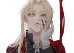  1boy bangs black_jacket blonde_hair blood blood_on_face cbow coat edward_elric eyelashes fullmetal_alchemist gloves hair_down hair_over_one_eye hand_on_own_cheek hand_on_own_face hand_up jacket long_hair long_sleeves looking_at_viewer male_focus parted_bangs parted_lips red_coat simple_background solo torn_clothes white_background white_gloves yellow_eyes 