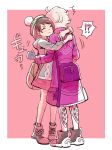  !? 1boy 1girl backpack bag bede_(pokemon) blush cardigan closed_eyes coat collared_dress doromame dress gloria_(pokemon) grey_cardigan hat highres hug long_sleeves pink_background pokemon pokemon_(game) pokemon_swsh tam_o&#039;_shanter v-shaped_eyebrows 